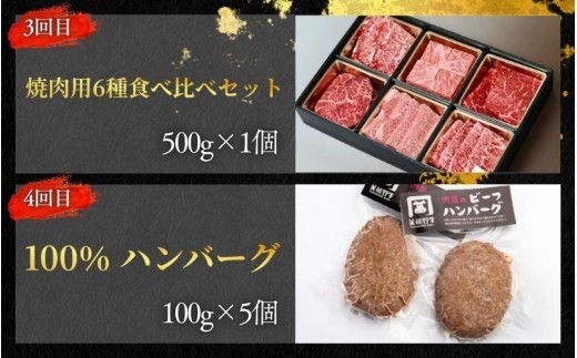 【全4回】美熊野牛 定期便B ＜すき焼きしゃぶしゃぶ用ロース＆赤身モモ肉 800g・切り落とし 800g・焼肉用6種食べ比べ 500ｇ・100％ハンバーグ 100g×5個＞【okad-tkb0020】