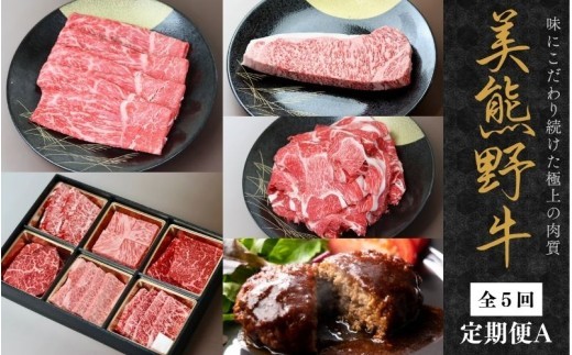【全5回】美熊野牛定期便A＜すきしゃぶ用ロース＆赤身モモ肉・切り落とし・焼肉用6種食べ比べ・サーロインステーキ・100％ハンバーグ＞【okad-tkb0023】