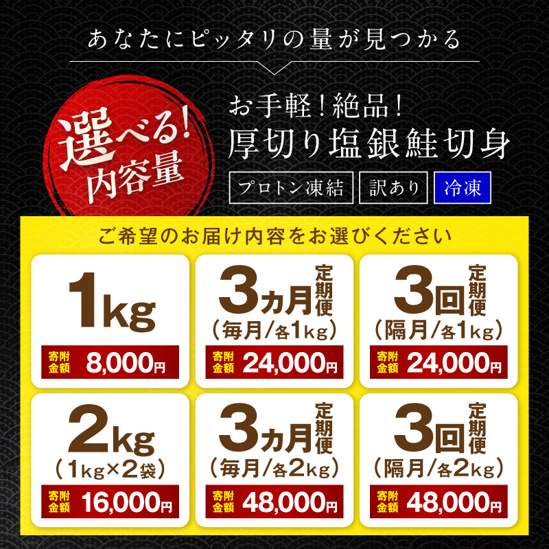 【訳あり・不揃い】お手軽!絶品!厚切り 塩銀鮭切身 プロトン凍結 訳あり 不揃い 鮭 しゃけ 銀鮭 切り身 約1kg 約2kg (プロトン凍結 訳あり 不揃い) ふるさと納税 鮭 しゃけ 銀鮭 切り身 YK00579