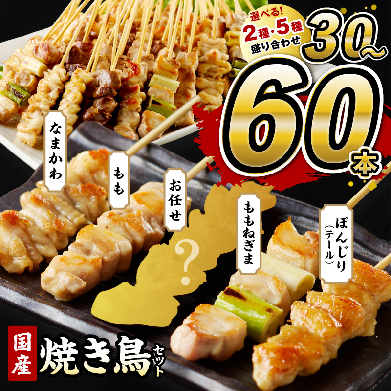 5種盛り合わせ 30本 50本 60本 選べる　焼鳥 やきとり ヤキトリ yakitori 鳥 鶏 鶏肉 串 国産 冷凍おかず おつまみ 小分け 鳥肉 大量 大盛り　KN00008