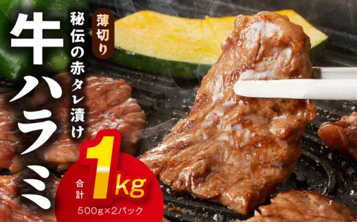 牛ハラミ肉 1kg 薄切り スライス 小分け 500g×2 訳あり サイズ不揃い 秘伝の赤タレ漬け 焼肉 牛肉 099H4560-1