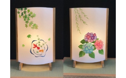 着物生地で作ったおしゃれな行灯 金魚と紫陽花