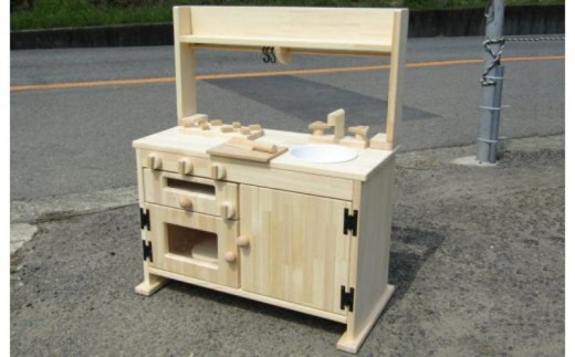 手作り木製「棚付」魚焼きグリル付きままごとキッチン ＧＨＫ－Ｒ　素材色バージョン 099H2157