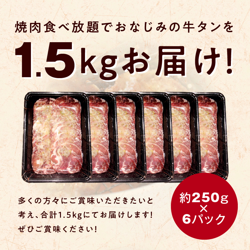 【1位獲得】牛たん 1.5kg ねぎ塩味 小分け 250g×6【成型 牛タン 牛肉 焼肉 BBQ 薄切り ぎゅうたん スライス 訳あり サイズ不揃い】 015B686