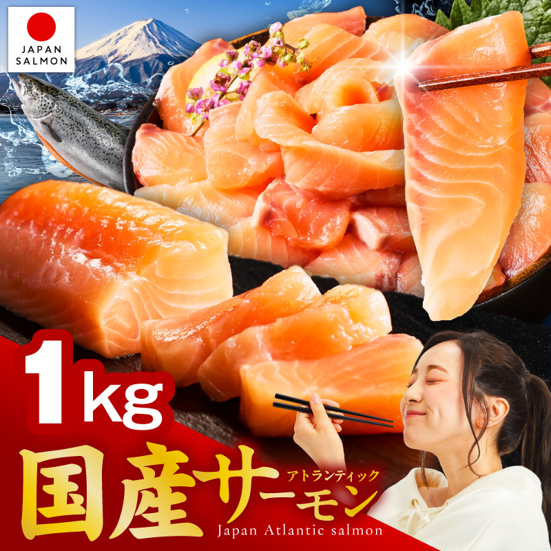 国産アトランティックサーモン 1kg ポーション【小分け 真空パック 訳あり サイズ不揃い 刺身 海鮮丼 さーもん 鮭 さけ シャケ しゃけ 冷凍】 nbj0011