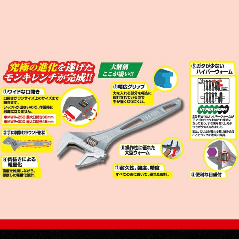 TONE トネ ハイパウォームモンキレンチ ( MWR-300 ) 15001-40000583|工具 整備士 自動車 バイク DIY メンテナンス