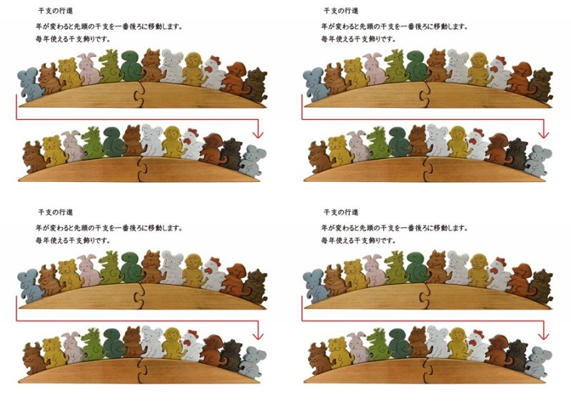 干支の行進色付き お正月 木製パズル プレゼント 置物 玄関 絵馬 送料無料｜こだわりの逸品 地域特産品 ギフト 自分用 人気 おすすめ 積み木 積木 つみき 木のおもちゃ 動物つみき バランス ごっ