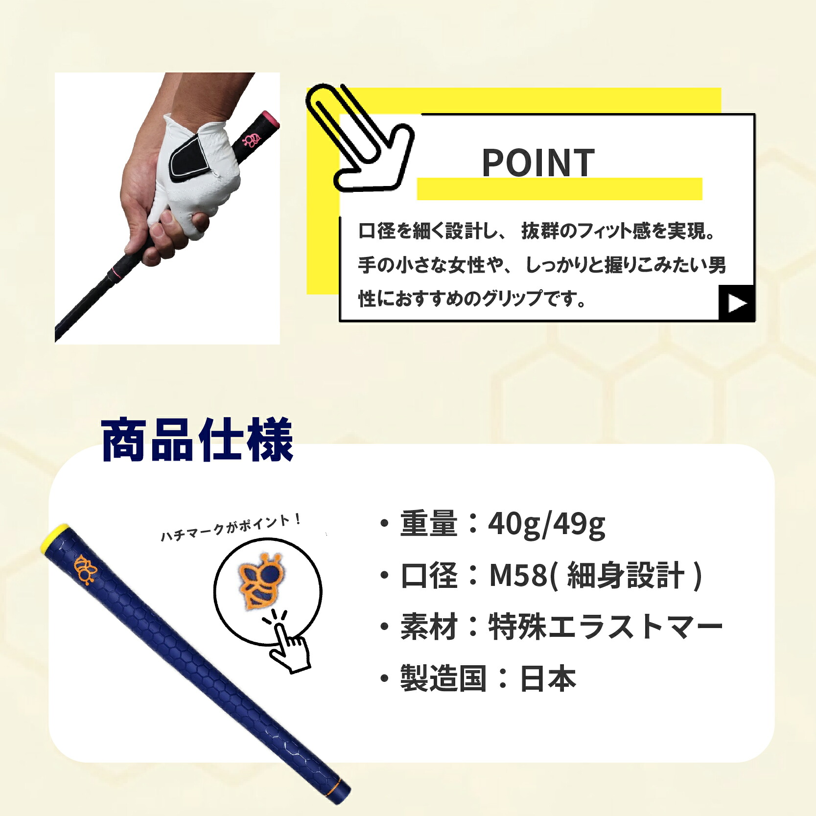 ゴルフグリップ HONEY 360 バックラインなし 口径58 特殊エラストマー しっとり 滑らない 全天候型 雨に強い ハニカム構造 衝撃吸収 グリップ交換 アイアン ウッド