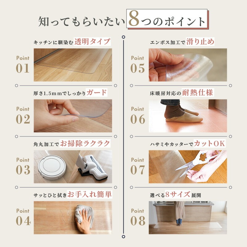 キッチンマット 透明 【8サイズから選べる】〈ライズクリエイション @Rise〉 拭ける マット おしゃれ 1.5mm PVC 撥水 台所 奈良県 奈良市