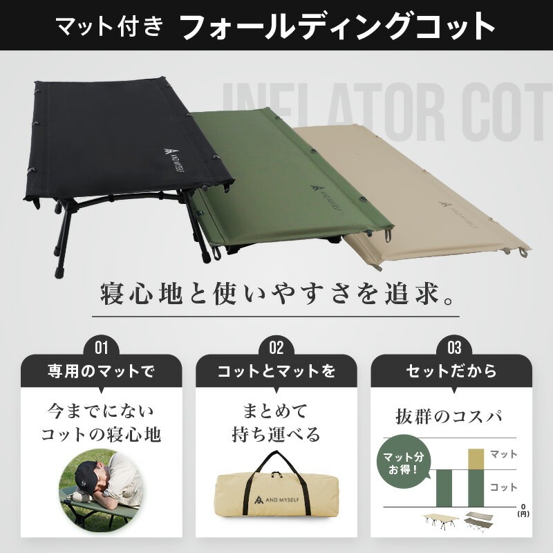 インフレーターコット 【ベージュ・ブラック・カーキから選択】 〈ライズクリエイション〉コット 3WAY ワイド 防災ベッド 簡易ベッド フォールディングコット ハイコット ローコット 奈良県 奈良市