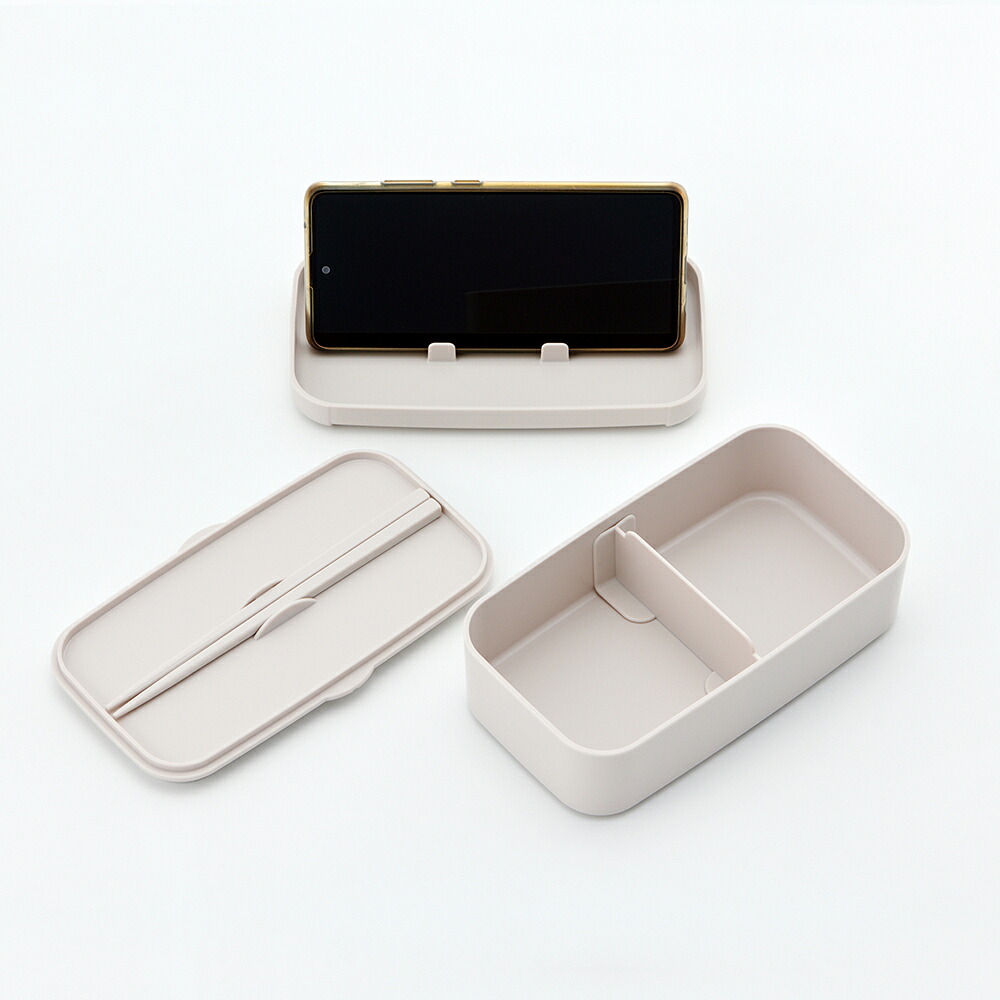 スケーター 弁当箱 スマホスタンド付き 600ml 1段 箸付き 仕切り 食洗機 レンジ 対応 日本製 skater PLB6SSH ベージュ 色 無地【ランチボックス スマホ スタンド ランチベルト