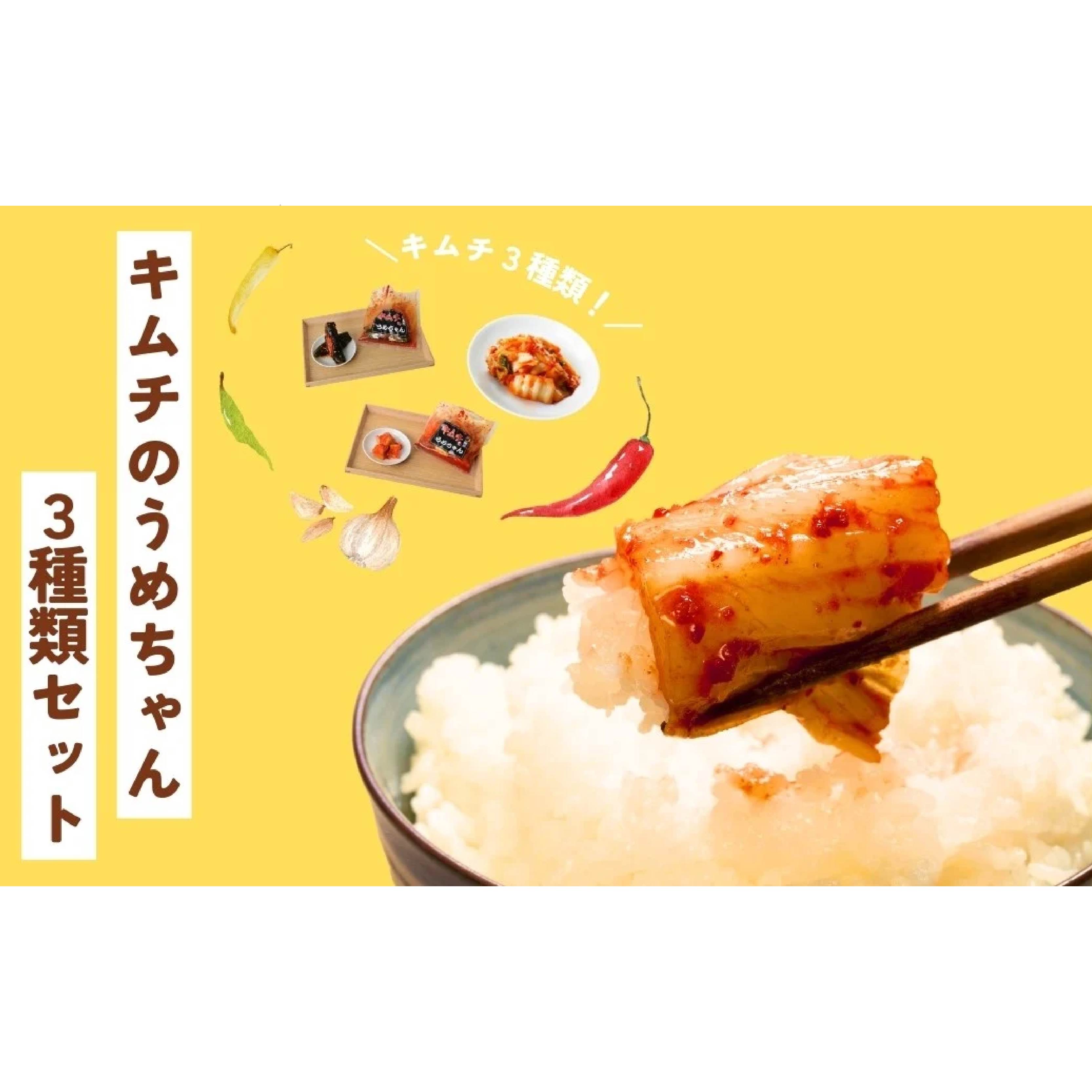 キムチ3種類セット キムチのうめちゃん キムチ 手作り 本場の味 コクうま 白菜 ニンニク ごはんのお供 ピリ辛 お米 ごはん ビール 酒 おつまみ 漬物 野菜 BBQ 焼肉 惣菜 キムチチャーハン