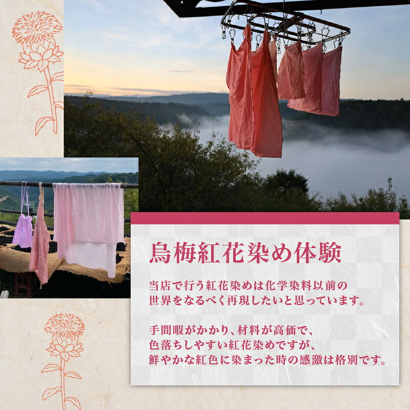 烏梅 紅花染め体験 ランチ付き 生地染めコース タペストリーコース 染め体験 白雪 白雪ふきん 烏梅 ふきん 生地 染め タペストリー 家具 インテリア ランチ 昼食 家庭料理 烏梅茶 お茶 お食事