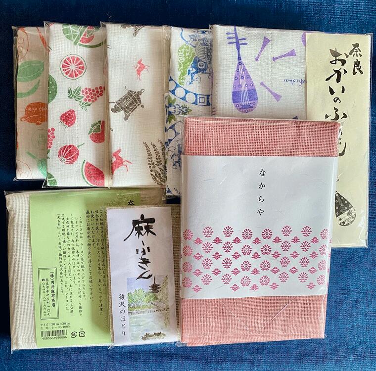 岡井麻布商店  ふきんの素材楽しみセット（８枚セット）おかいのふきん 蚊帳ふきん 蚊帳 レーヨン 綿 吸水性 奈良柄 台ふきん 日用品 伝統工芸 ふきん 布巾 はんかち おてふき 麻 奈良県 奈良市