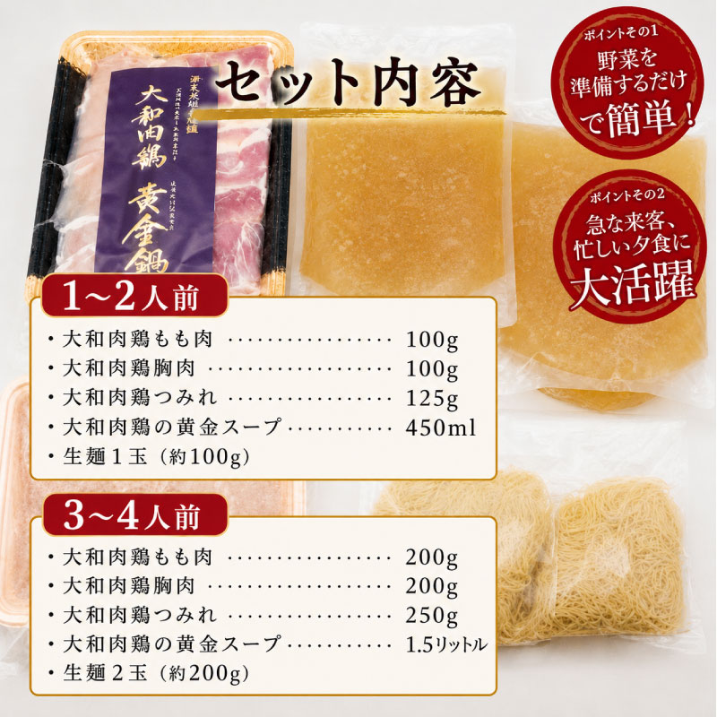 鍋 鍋セット 大和肉鶏黄金鍋セット 大和肉鶏 鶏肉 肉 鶏鍋 地鶏 お鍋セット 水炊き 鳥鍋 鶏しゃぶ 鳥肉 スープ 出汁 選べる内容量 1~2人前 3~4人前 大和肉鶏もも肉 むね肉 つみれ