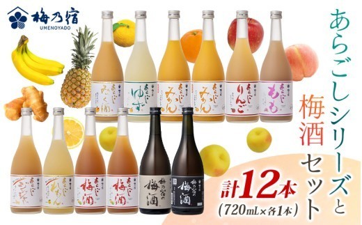 あらごしシリーズと梅酒720ｍl 12本 セット ／ 梅乃宿酒造 お酒 リキュール ギフト 人気 メーカー直送 みっく酒 ゆず みかん れもん もも りんご ジンジャー 奈良県 【umyd028A】