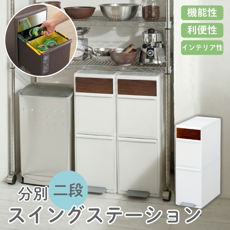 分別スイングステーションワイド木目調パネル２段 ＢＷＰ－１１ＢＳWS ホワイト ／ ライクイット ダストストッカー ゴミ箱 多分別 スイングパネル フットパネル 引っ越し祝い 奈良県 【like079A】