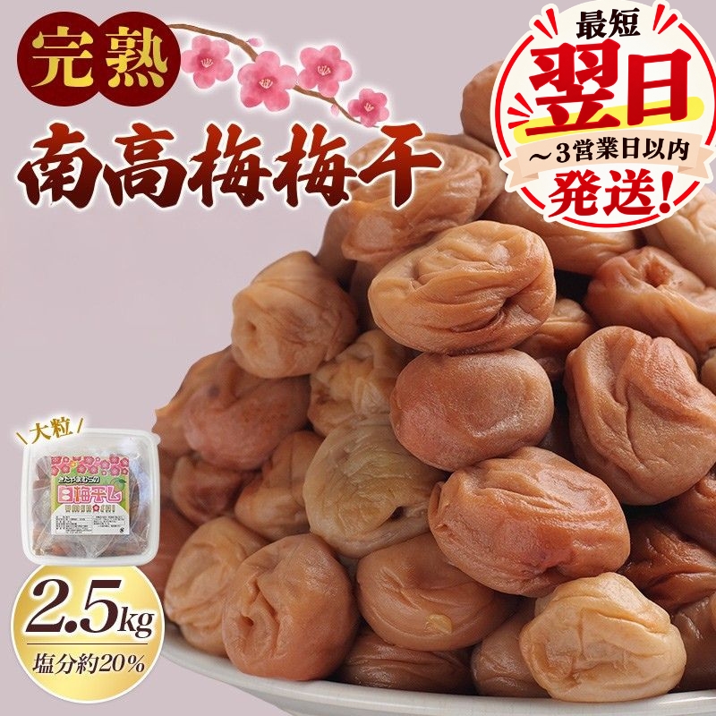 梅干し 無添加 完熟南高梅 2.5kg (1.25kg×2パック)  塩分約20％ 数量限定 サイズ混合 高評価 ご家庭用 梅干し 梅干 梅 うめ ウメ 梅干 白干 白干し 白梅 【njb647A】