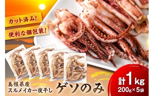 【訳あり】スルメイカ一夜干し”ゲソのみ” 計1,000g（小分け200gｘ5袋） 産地直送 干物 国産 人気 大容量 小分け 訳あり 焼き 揚げ物 塩味付【005_0140】