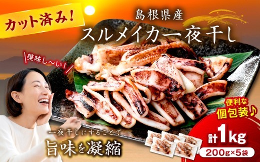 島根県産スルメイカ一夜干しカット済 計1kg（小分け200gｘ5袋） 小分け 干物 一夜干し イカ 魚介類 スルメイカ 【005_0146】