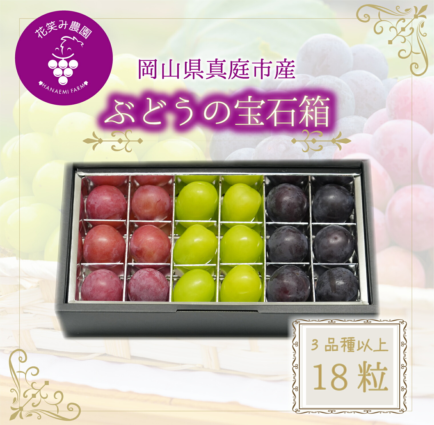 【2026年先行予約】花笑み農園　岡山『ぶどうの宝石箱』３種以上（18粒入り） 【hana050-02】