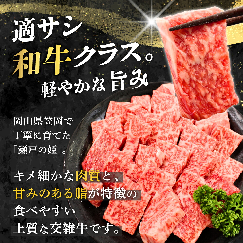 焼肉用 【冷蔵配送】 瀬戸の姫 300g以上 岡山県笠岡産牛 牛肉 焼肉 焼き肉 カット 贅沢 【tfam001-01】