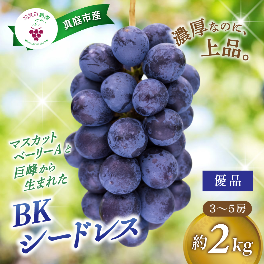【 2027年 先行予約 】種なしブドウ 岡山産 BKシードレス 優品 2kg（3～5房）贈答用 花笑み農園 | ぶどう ブドウ 種無しぶどう 国産 果物 くだもの 葡萄 フルーツ 1キロ 【hana082-02】