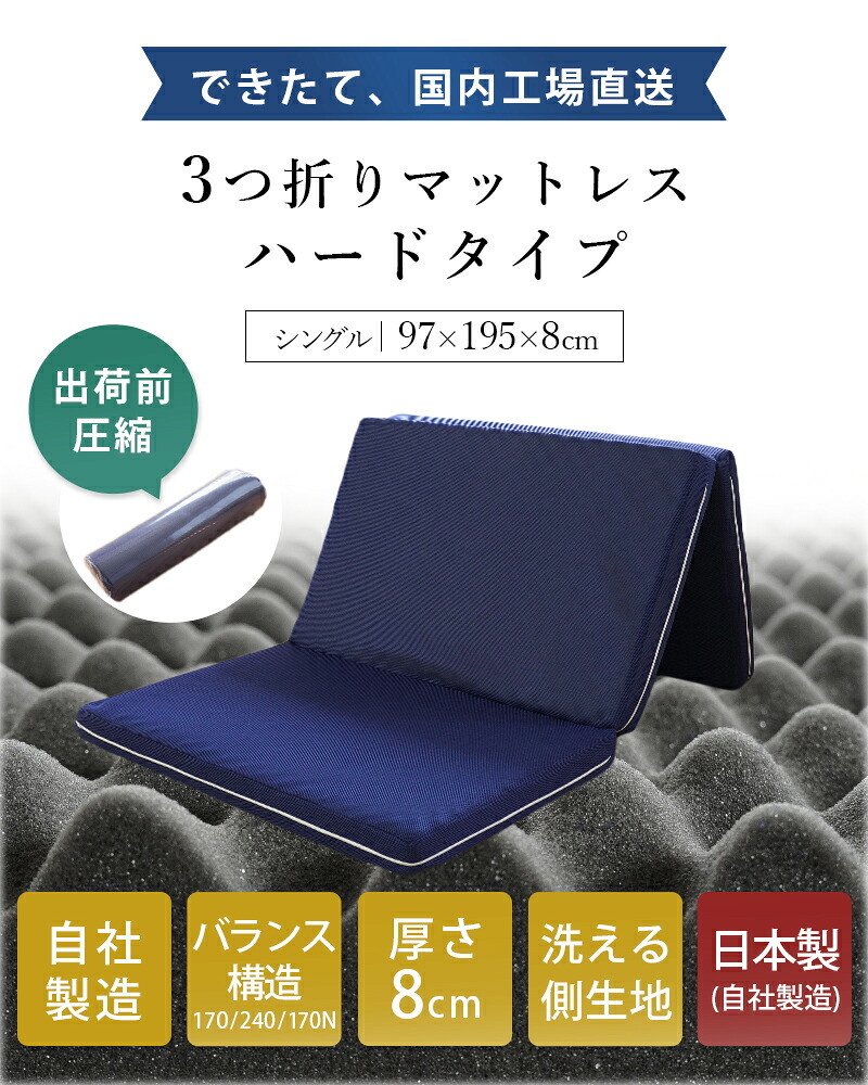 マットレス シングル 腰部ハードタイプ 体圧分散 腰痛 三つ折り 洗える カバー付き 1枚敷き 圧縮梱包  コンパクト 収納 寝具 腰痛 まっとれす 来客用 寝具 新生活 一人暮らし 仕送り ギフト