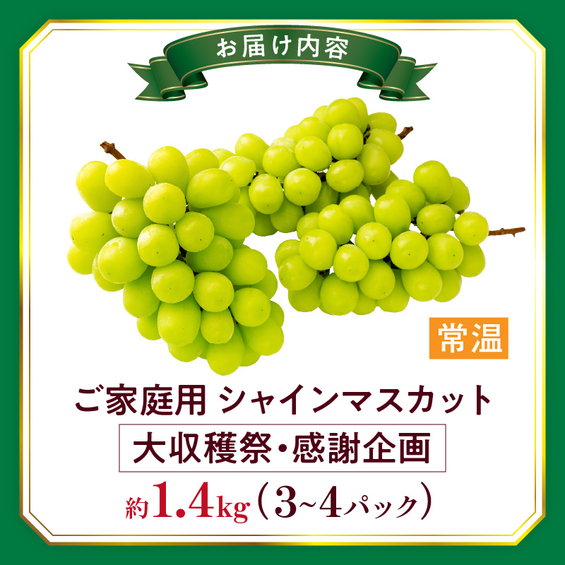 【大収穫祭・感謝企画】ご家庭用シャインマスカットパック　約1.4kg(3～4パック) _mk006-146