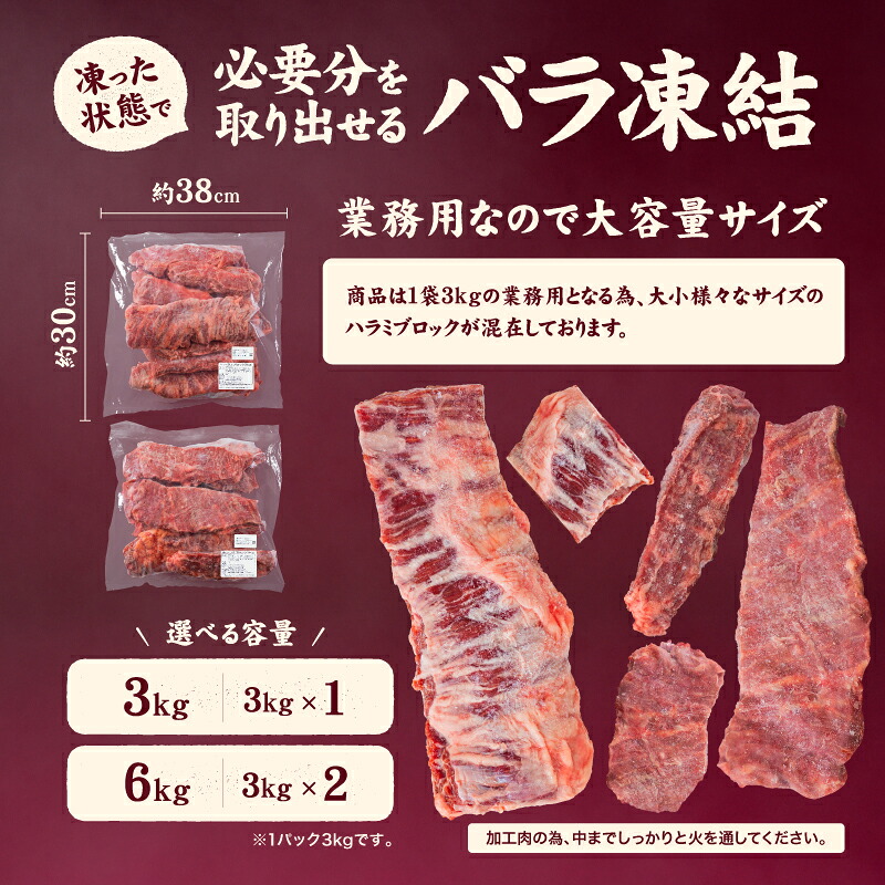 牛ハラミ ブロック 3kg / 6kg タンブリング加工 牛ハラミ はらみ 牛肉 肉 個包装 冷凍 焼肉 焼き肉 BBQ バーベキュー ステーキ 丼物 簡単調理 炒め物 家庭用 業務用 人気 お取り寄せ 愛媛県 松山市