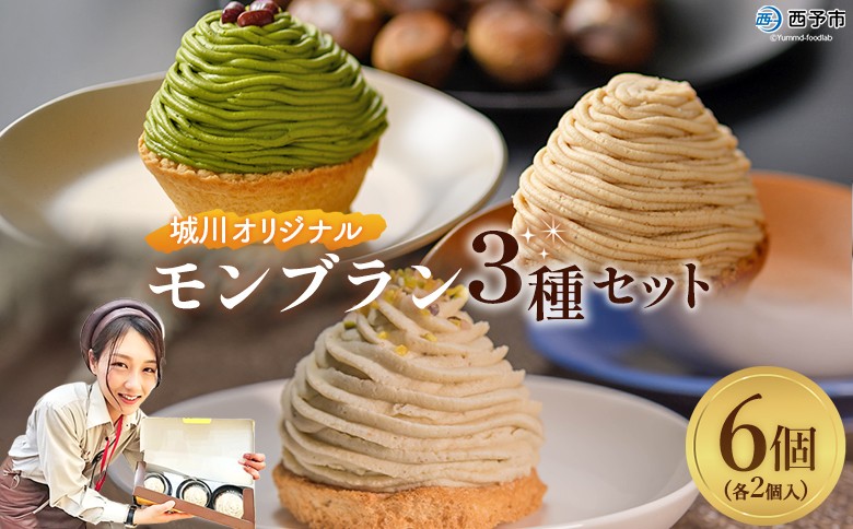 ＜城川オリジナルモンブラン3種セット 合計6個（各種2個入）＞ 栗 スイーツ マロン 抹茶 ケーキ 和栗ペースト 渋皮煮 チーズアパレイユ 粒あん 小豆 スポンジケーキ タルト ダックワーズ メニークエスト