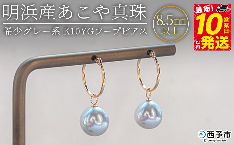 ＜明浜産あこや真珠8.5mm　希少グレー系 K10YGフープピアス＞　パール　ジュエリー　アクセサリー　フォーマル　カジュアル　ギフト　西予市　贈り物　祝　冠婚葬祭