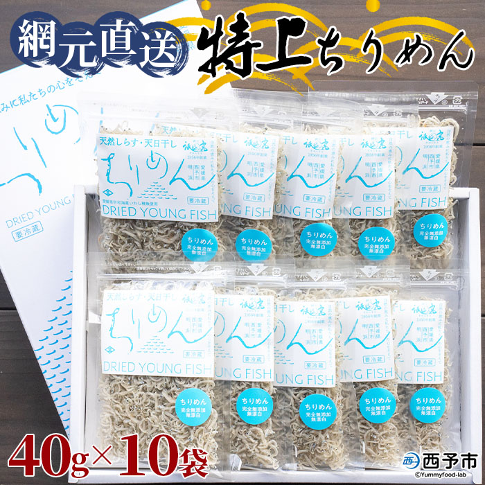 ＜天日干し 特上ちりめん 合計400g（40g×10袋）ギフト箱入り＞ テレビ TV じゃこ しらす 小魚 さかな ごはんのお供 贈答 贈り物 御礼 お礼 小分け 海鮮 海産物 おつまみ おやつ 産地直送 網元・祇園丸