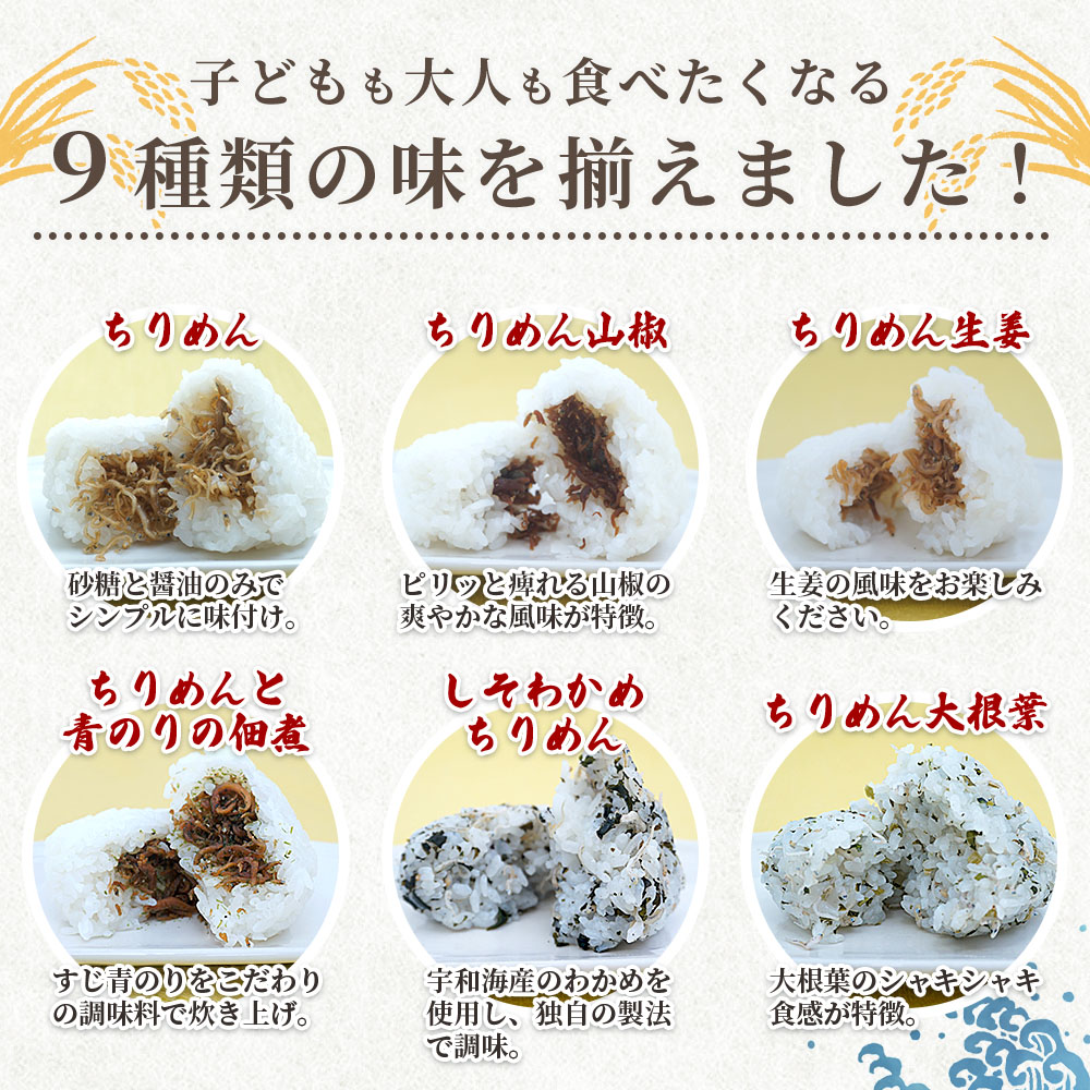 <漁師の朝めし 9種おむすびセット 合計18個(各2個)> 詰め合わせ おにぎり ちりめん 山椒 生姜 青のり つくだ煮 しそわかめ 大根葉 梅ごま ひじき おかず 一人暮らし 簡単 贈答用 食べ比べ