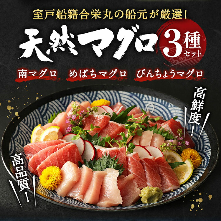 船元が直送! 厳選 天然 マグロ 3種 750g以上 | ミナミマグロ鮪250g メバチ鮪250g ビンチョウ鮪400g 南 目鉢 鬢長 セット まぐろ 食べ比べ みなみまぐろ 高知県 室戸市 ge002