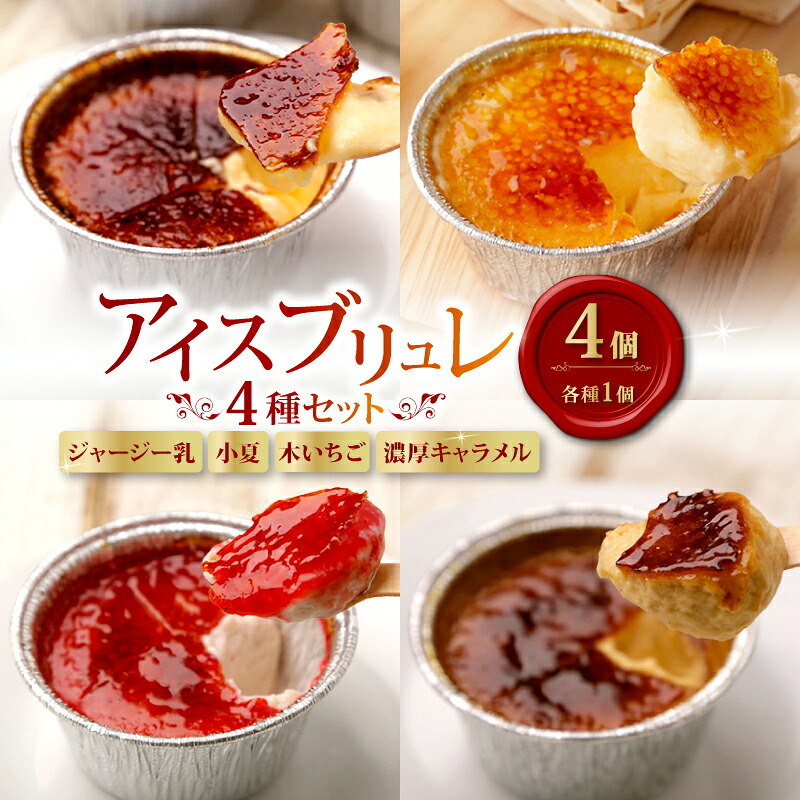 アイスブリュレ４種セット (ジャージー乳、小夏、木いちご、濃厚キャラメル 各種1個) クリーム プリン お菓子 スイーツ スウィーツ 贈答 ギフト プレゼント 人気 おすすめ 高知県 南国市 ST011