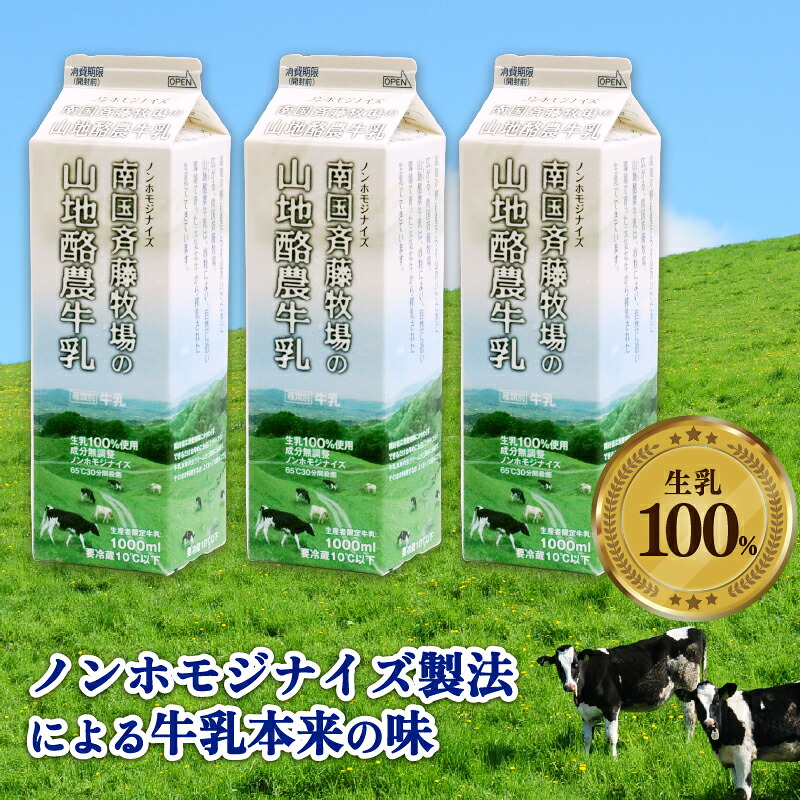 【数量限定】山地酪農牛乳 1L×3本 合計3L 低温殺菌 生乳100％ 成分無調整 人気 おすすめ ぎゅうにゅう ミルク ノンホモジナイズ製法 SB002