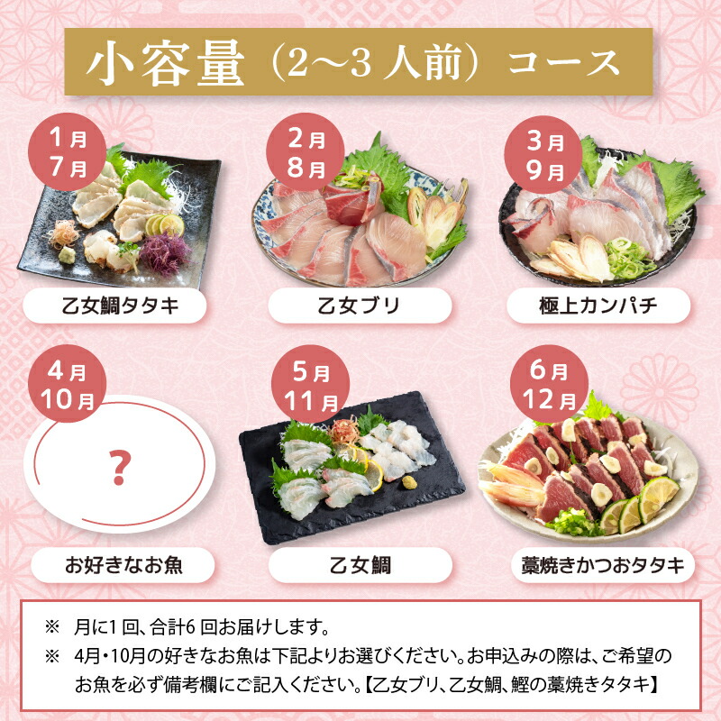 刺身 定期便 6ヶ月 小容量 コース 小島水産 がお届けする！ 美味しい お刺身 ( 鮮魚 下処理済 ) 産地直送 半年 新鮮 6回 （ ブリ かつおタタキ タイ カンパチ 鰤 鰹 真鯛 環八