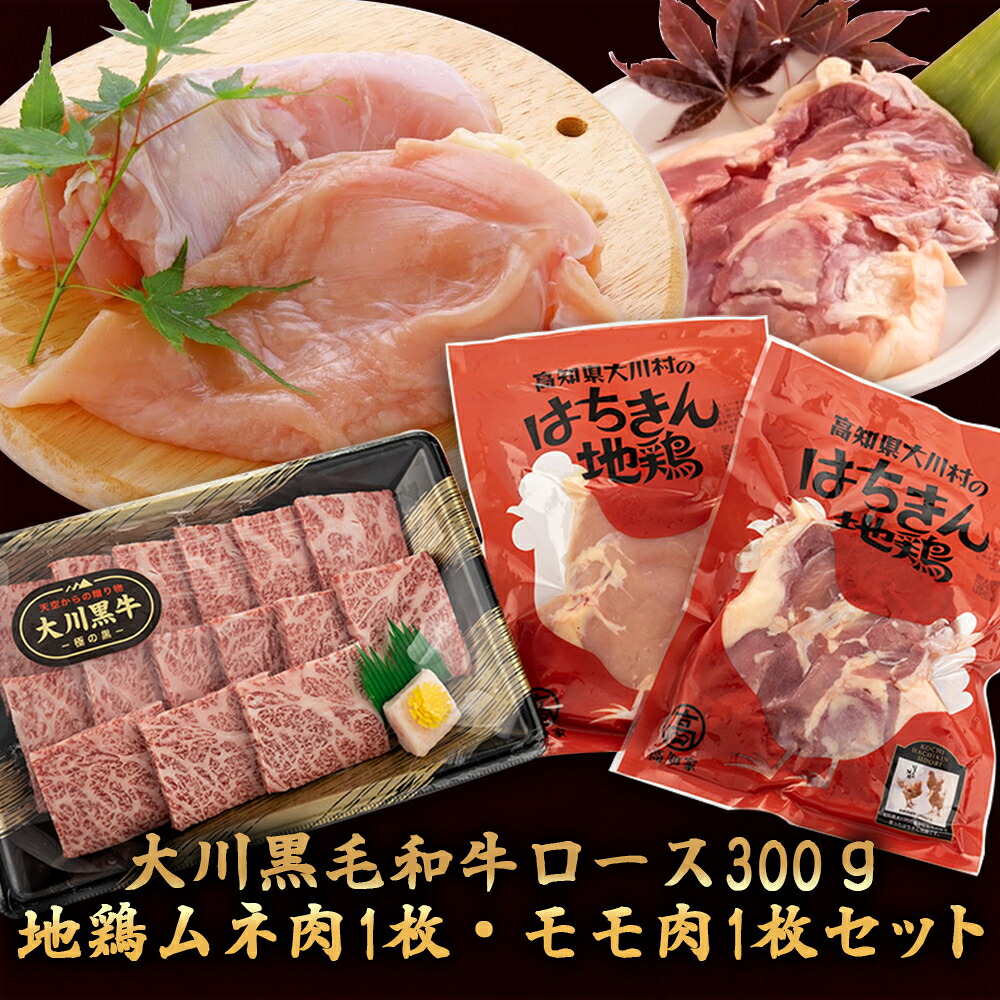 国産 黒毛和牛 「 大川黒毛和牛 」ロース 地鶏 胸肉 もも肉 の セット 肉 牛肉 国産 黒毛 和牛ロース 300g 鶏肉 もも むね お得 パック 詰め合わせ 土佐はちきん地鶏