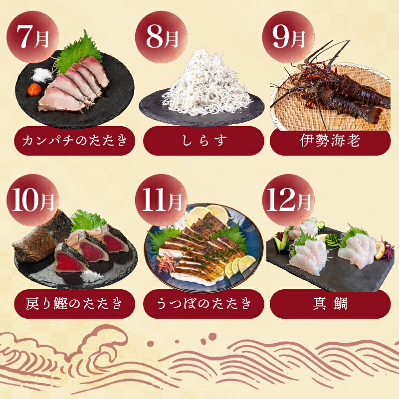 【須崎 の 鮮魚 定期便 】旬 の 刺身 定期便 6回 コース 野島水産 が お届け！ | 下処理済み かつお かつおのたたき 藁焼き タタキ 鯛 真鯛 マグロ 牡蠣 しらす 伊勢海老 セット 高知