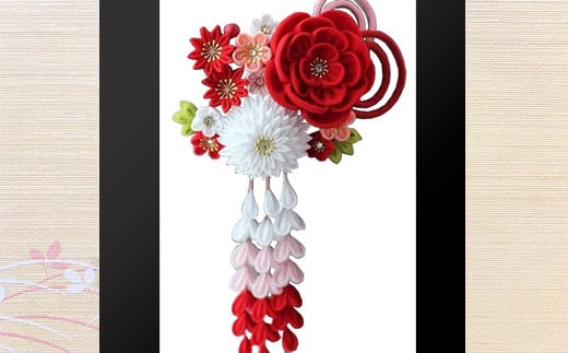 【つまみ細工の髪飾り 牡丹×万寿菊 ちりめん 紅白】 [M557-1] つまみ細工 髪飾り 一越ちりめんレーヨン 成人式 七五三 結婚式 花 水引 絹 寿 牡丹×万寿菊 ちりめん 花 Uピン式 ヘアアクセサリー