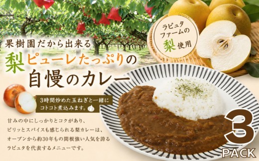 梨ピューレたっぷり ラピュタファーム 特製 梨カレー3個セット カレー レトルト 簡単調理 冷凍 本格 湯煎 防災 レストラン 詰め合わせ 自然 福岡 川崎