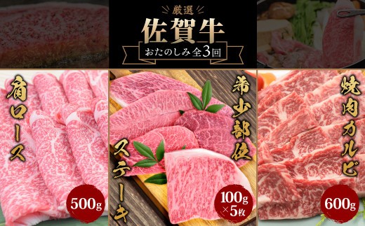 【スピード発送】【3カ月連続定期便】人気のヒレステーキを含む佐賀牛「ステーキ 5種 食べ比べセット 500g」「焼肉カルビ 600g」「肩ロース 500g」 合計1.6kg (H085145)