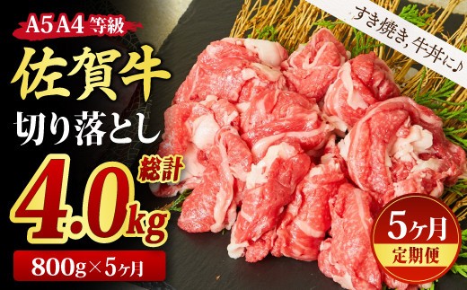 【スピード発送】【5回定期便】佐賀牛 贅沢 切り落とし 800g(合計4kg)【すき焼き用牛肉 すき焼き用 すき焼き 牛丼 A5 A4 希少 国産和牛 牛肉 肉 牛】(H085186)