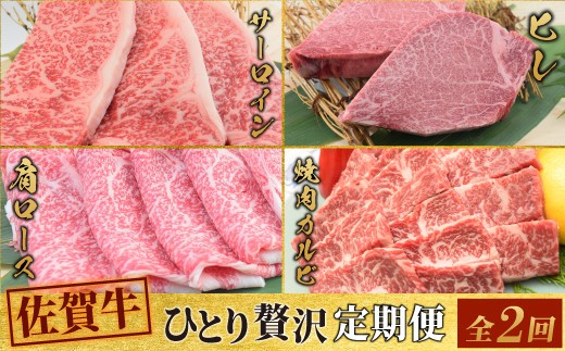 【スピード発送】【2回定期便】 佐賀牛 ひとりで贅沢 お楽しみ便 (合計1.15kg) 【ステーキ ヒレ サーロイン 肩ロース すき焼き用 カルビ 焼肉用 牛肉 肉 国産和牛 】(H085148)