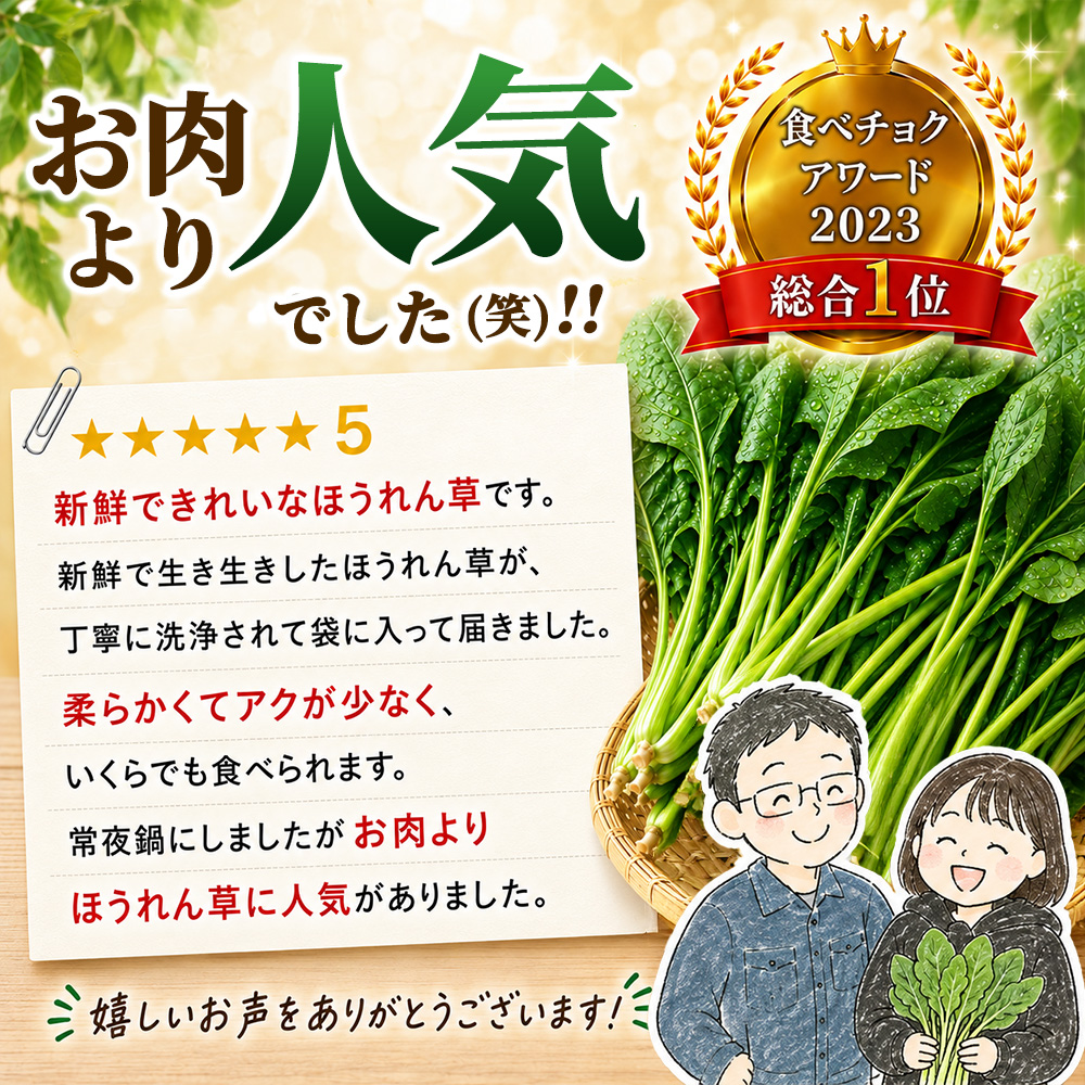 ほうれん草 1kg バラ詰め(大きな袋に1kg)【ハウス栽培 産地直送 クール便 佐賀県脊振山麓産 ほうれん草 ホウレンソウ 野菜 葉物 こだわり野菜 冷蔵 子供 成長 離乳食】(H091116)