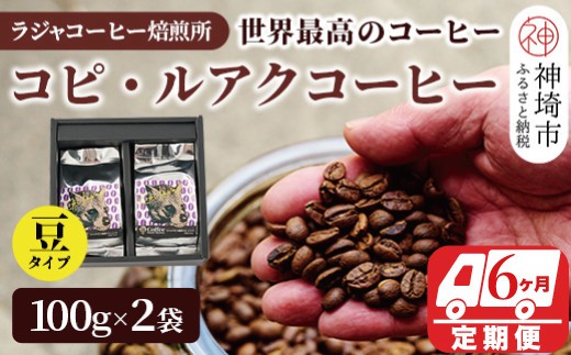 ジャコウネコ珈琲　コピ・ルアク 100g×2袋 合計200g【6回定期便】【最高級豆 幻のコーヒー】(H070107)