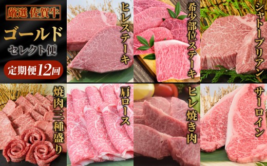 【スピード発送】【特選定期便 全12回】 佐賀牛 ゴールドセレクト便【合計 11.7kg】【国産和牛 牛肉 肉 牛 ヒレ サーロイン シャトーブリアン 肩ロース ウデスライス】 (H085197)