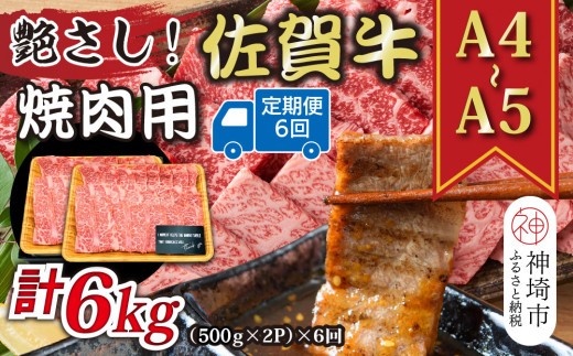 【6か月定期便】艶さし!【A4~A5】佐賀牛焼肉用 1kg(500g×2P)×6回【肉 牛肉 ブランド牛 黒毛和牛 ふるさと納税】(H112170)