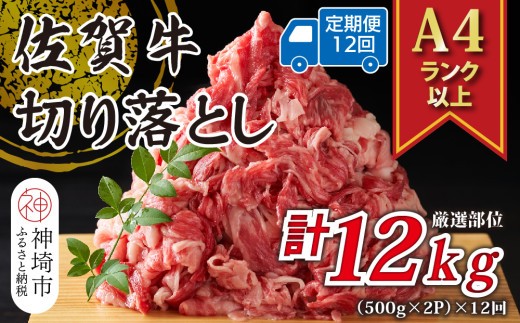 【12か月定期便】艶さし!【A4~A5】佐賀牛切り落とし 1kg(500g×2P)×12回【肉 牛肉 ブランド牛 黒毛和牛 ふるさと納税】(H112314)
